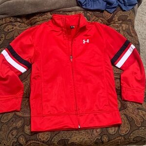 Under Armour Red Track Jacket with Black and White Sleeve Stripes
